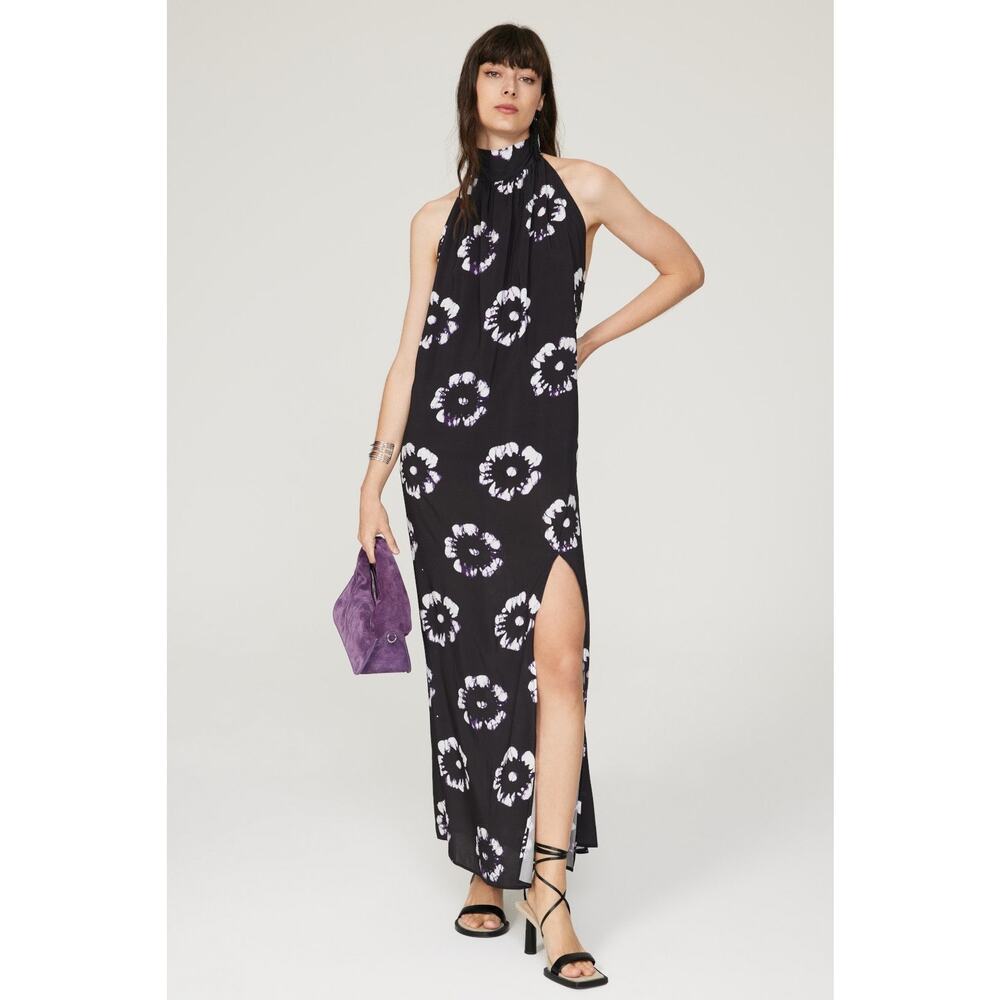 Busayo Collective Hibiscus Floral Print Black Halter Tie Neck Maxi Dress Size XS